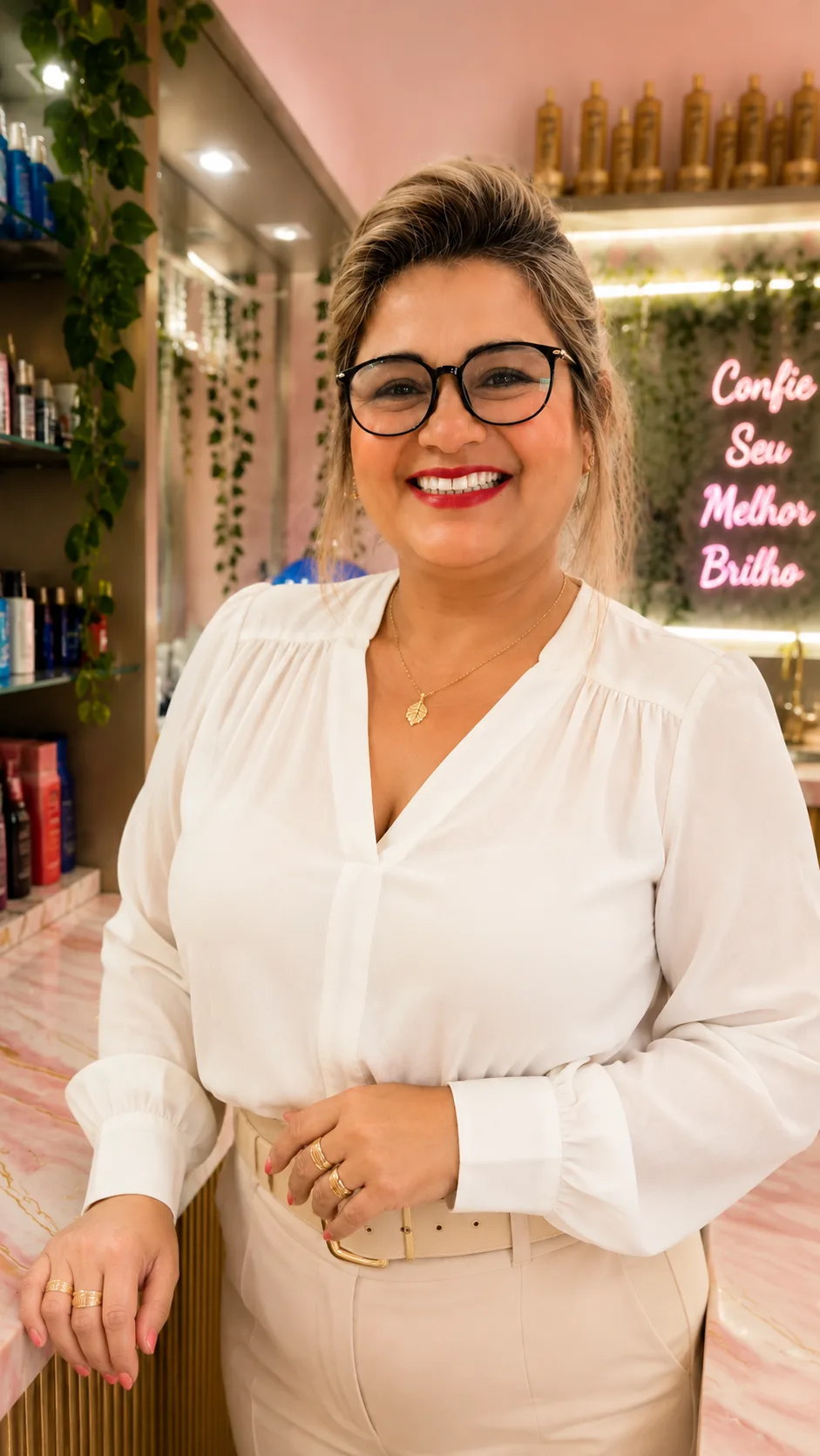 Flor Ferreira, cabeleireira especialista do salão Flor Cabeleireira, vestindo camisa branca, em Joinville